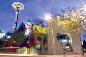 Night picture of space needle and mpop