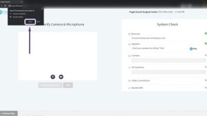 screenshot of requesting permission to use mic and camera, arrow indicating to click allow access