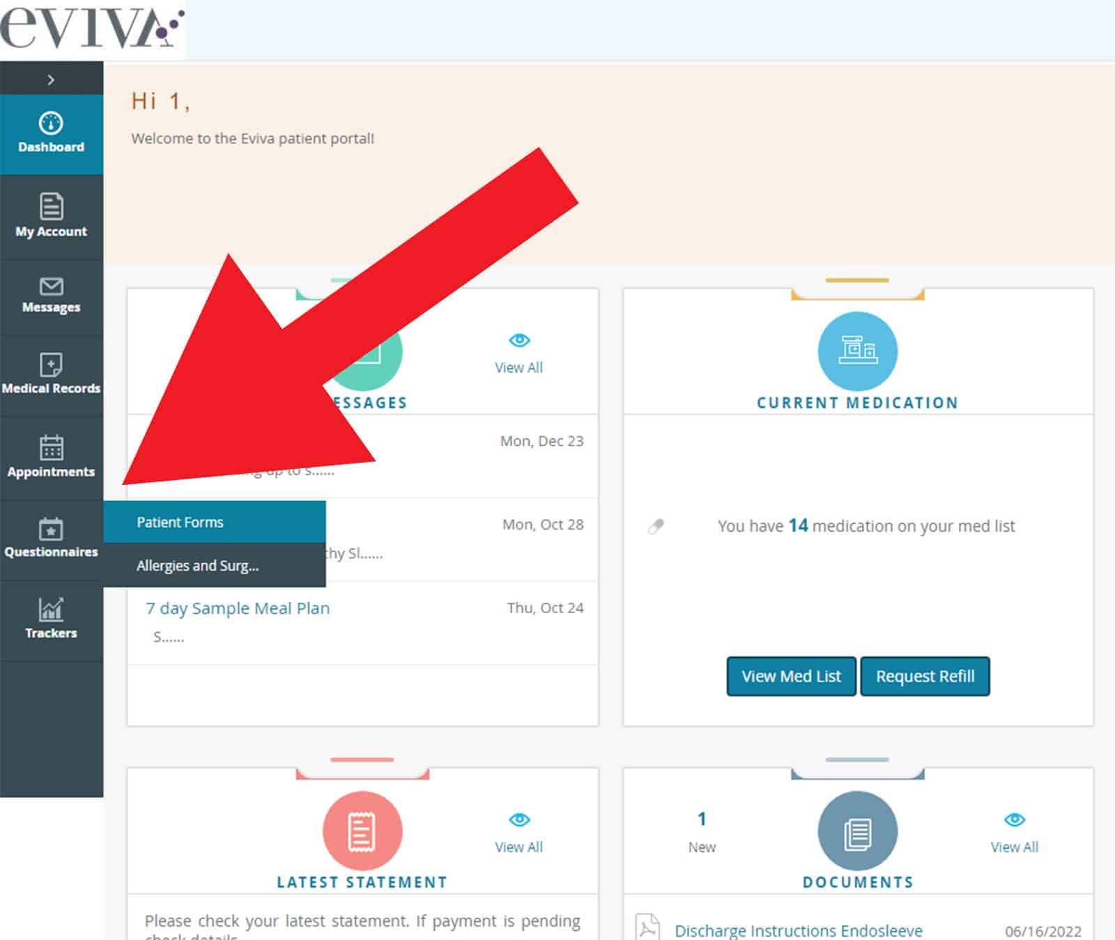 eviva patient portal arrow pointing to questionnaire menu option