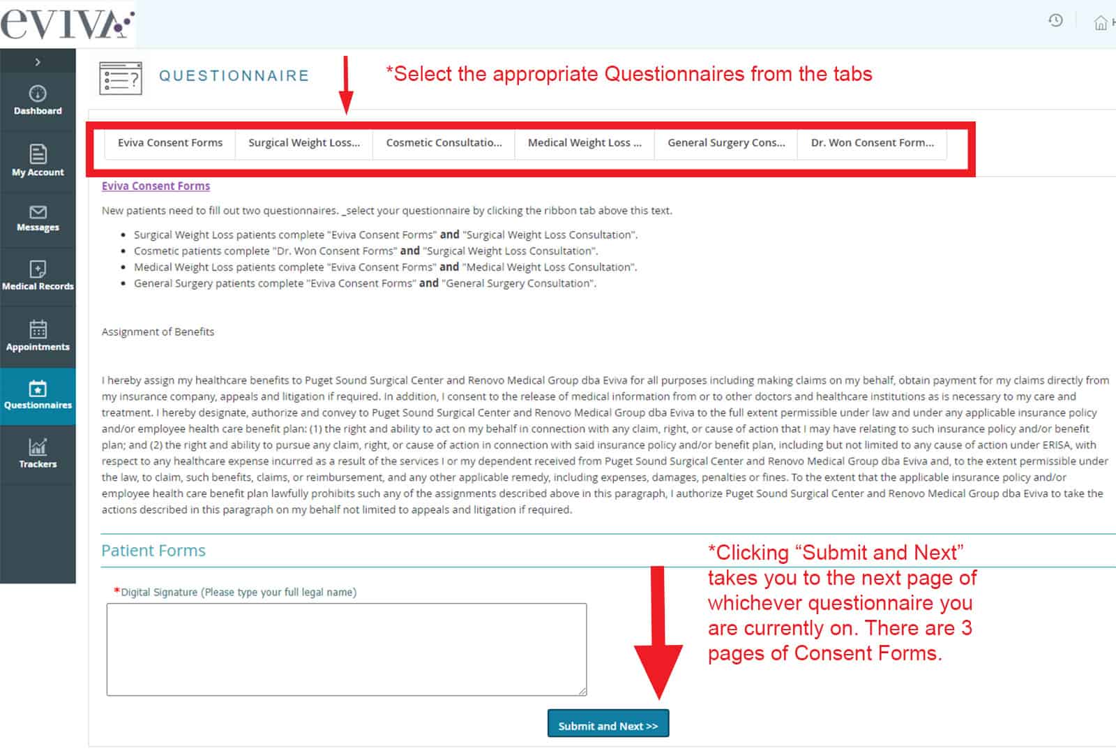 patient portal image of questionnaire with red arrows indicating the menu and submit buttons.