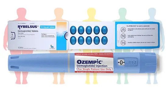 Ozempic pen and cartridges overlaying outlines of different weight people.