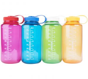 colorful water bottles with units of measure
