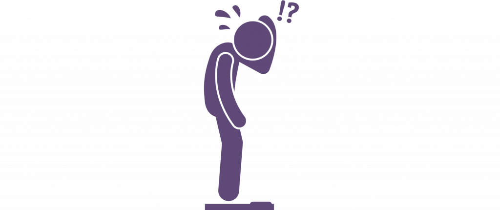 stick figure looking confused down at scale