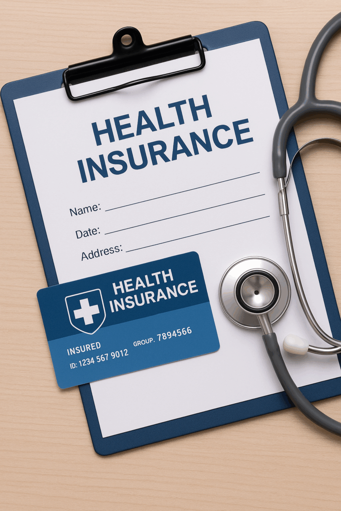 Clipboard with stethoscope and health insurance id card on top.