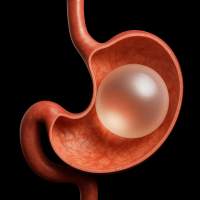 3D illustration of a gastric balloon placed inside the stomach to aid weight loss.